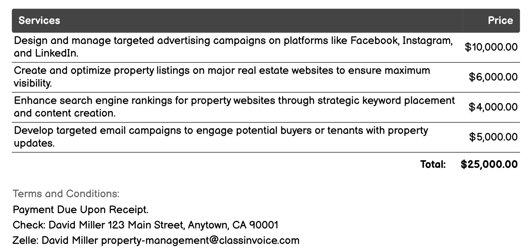 Property Marketing & Advertising Invoice Example