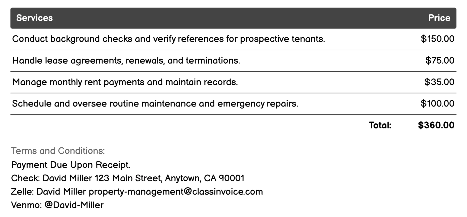 Residential Management Invoice Example