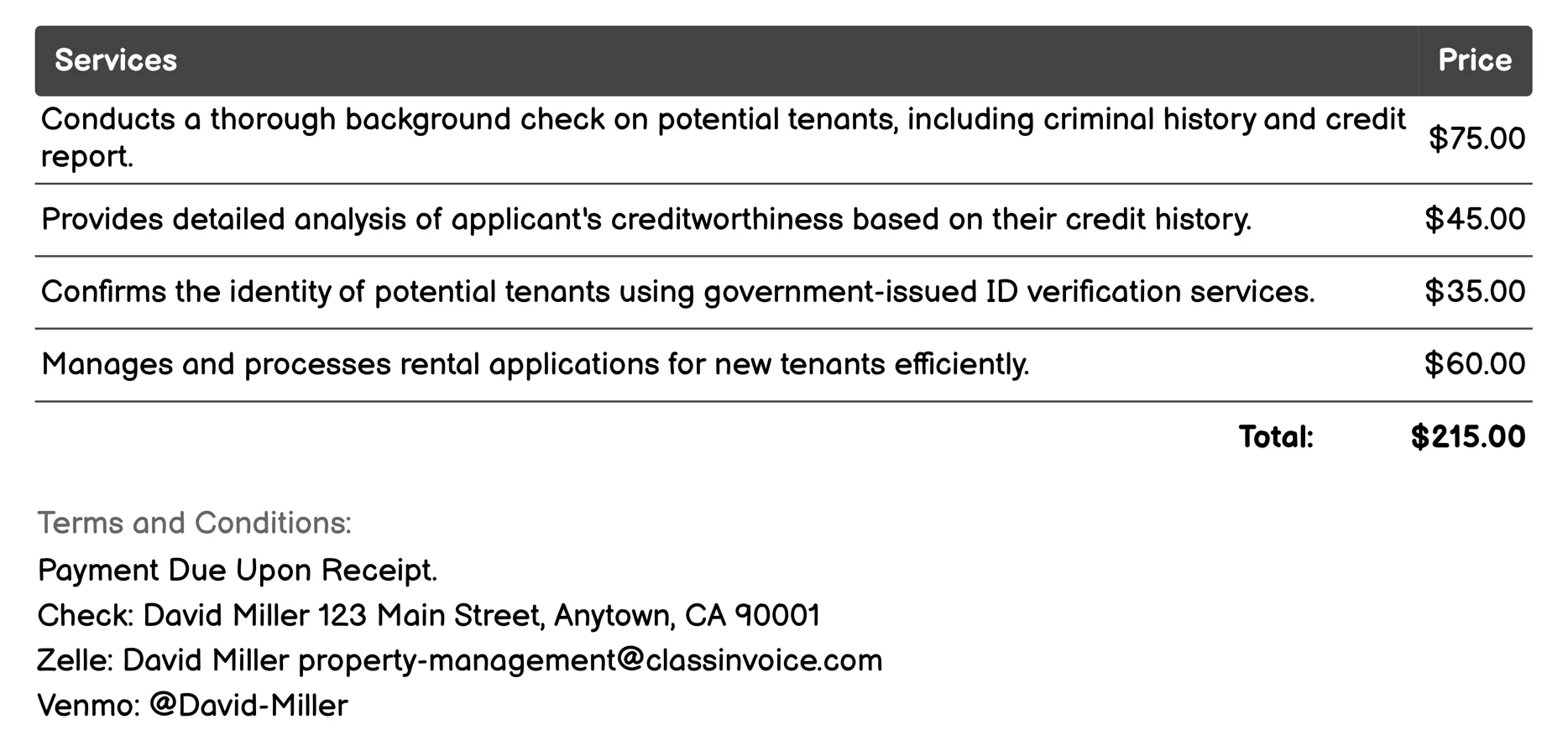 Tenant Screening & Leasing Invoice Example