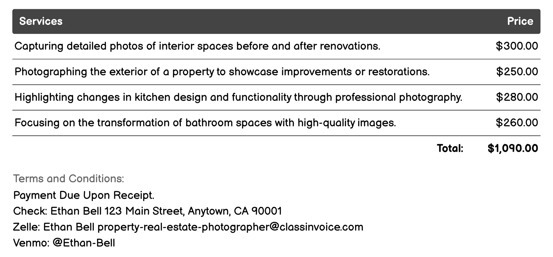 Before-and-After Photography Invoice Example