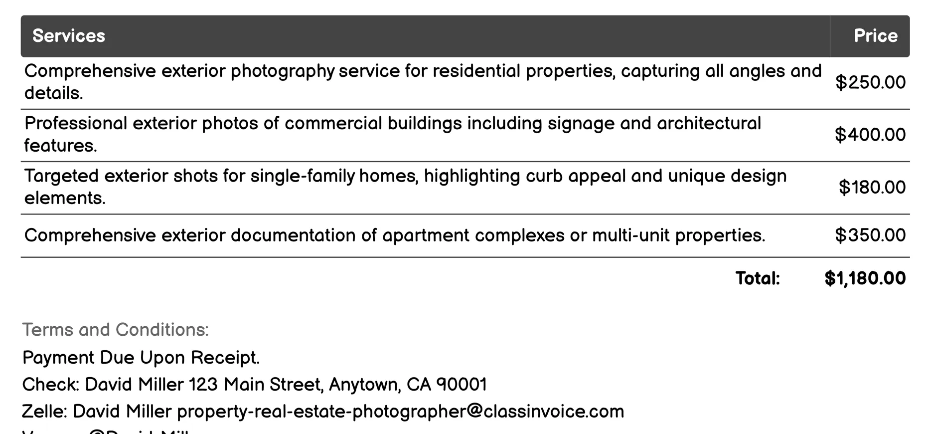 Exterior Photography Invoice Example