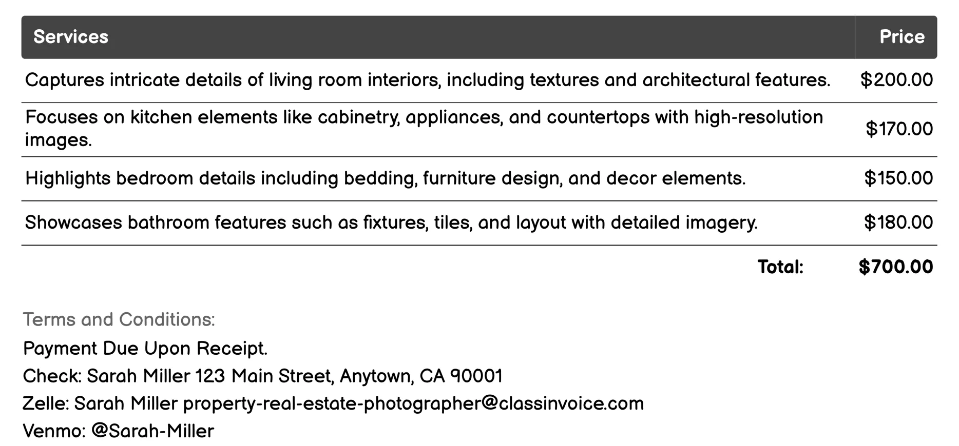 Interior Detail Shots Invoice Example