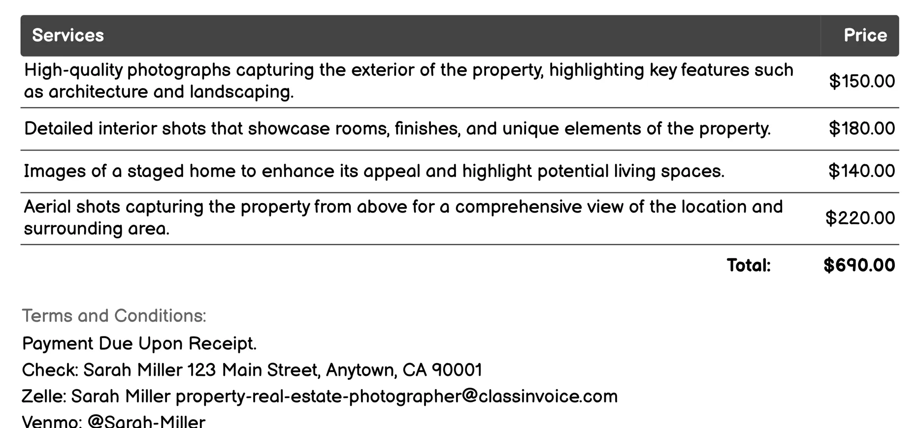 Property Marketing Photos Invoice Example