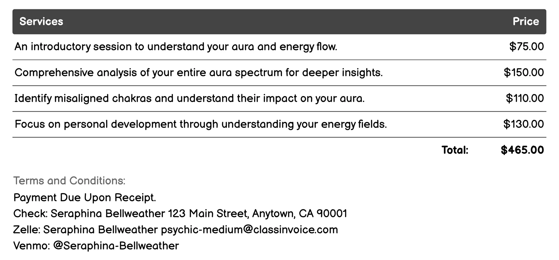 Aura Reading Invoice Example