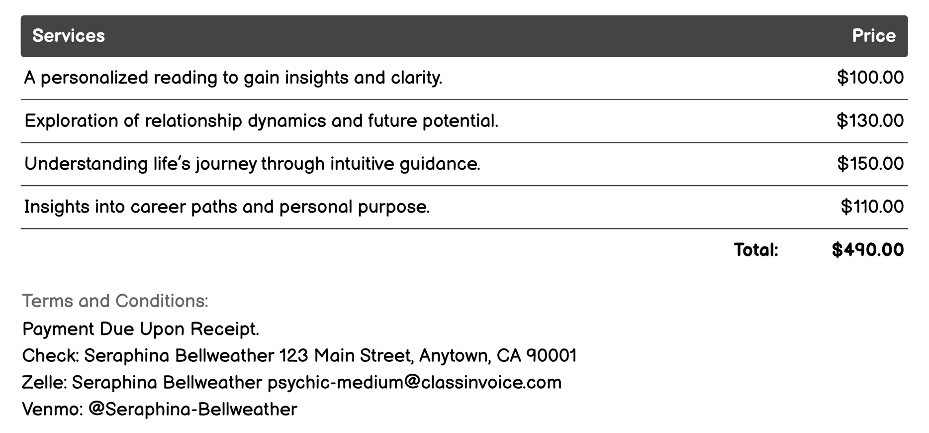 Intuitive Counseling Invoice Example