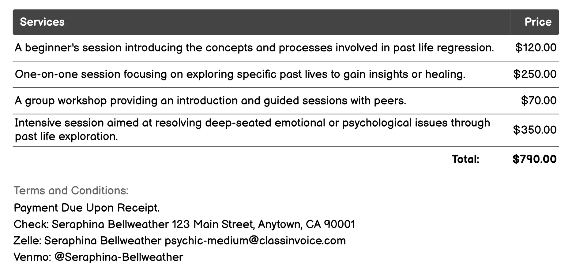 Past Life Regression Invoice Example