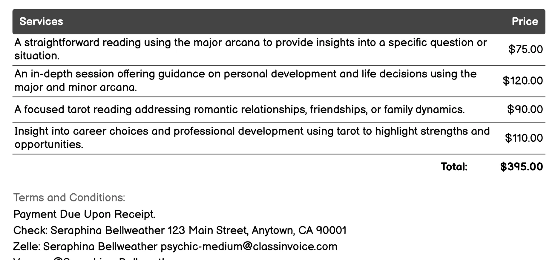 Tarot Reading Invoice Example