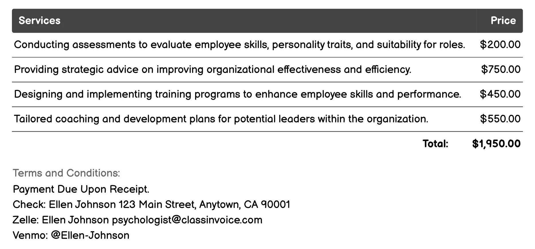 Industrial-Organizational Psychology Invoice Example