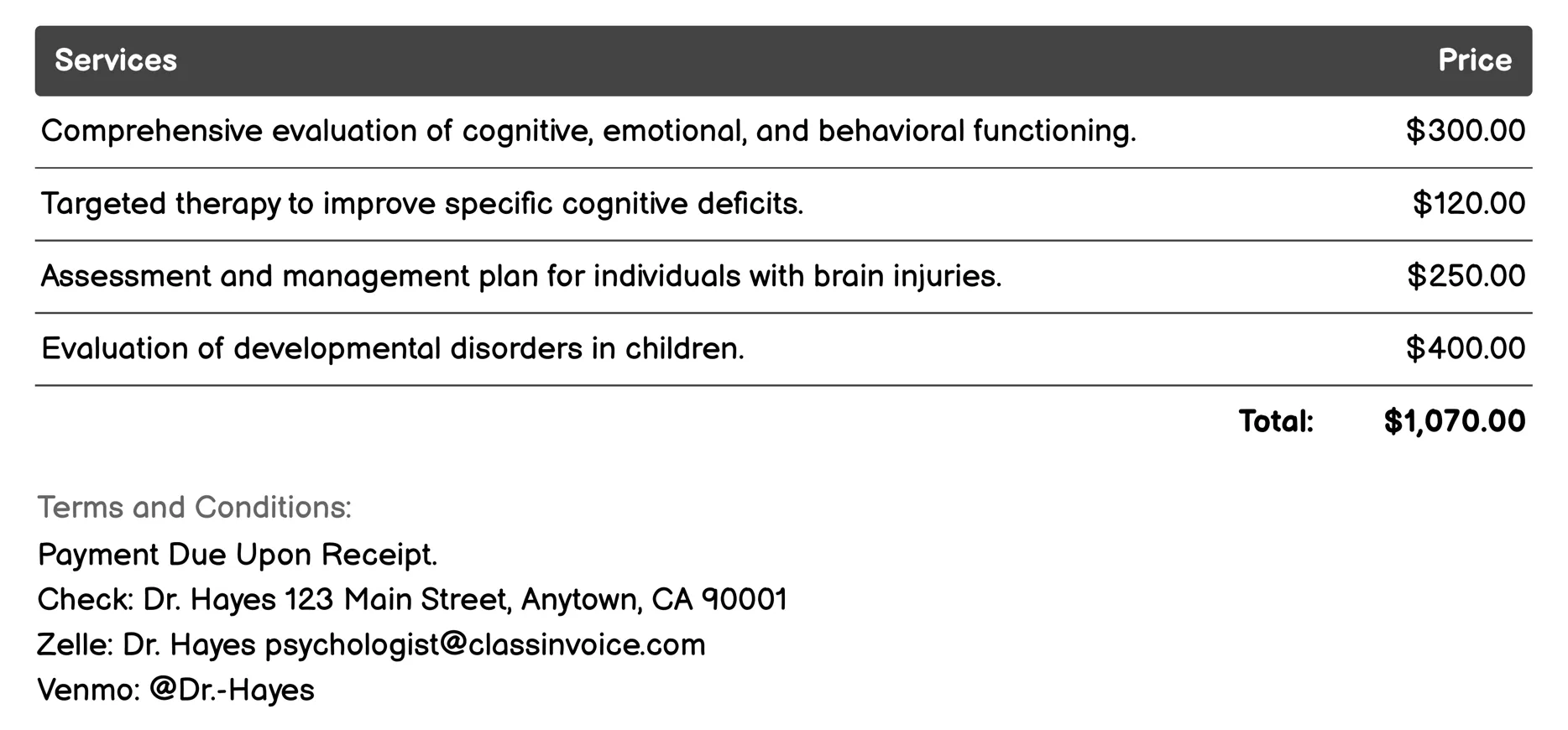 Neuropsychology Invoice Example