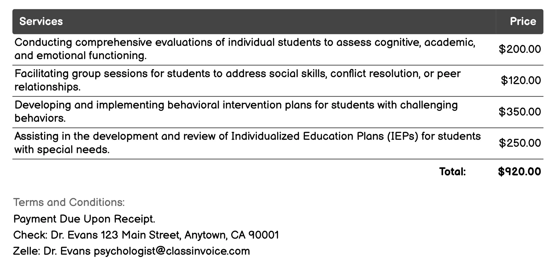 School Psychology Invoice Example