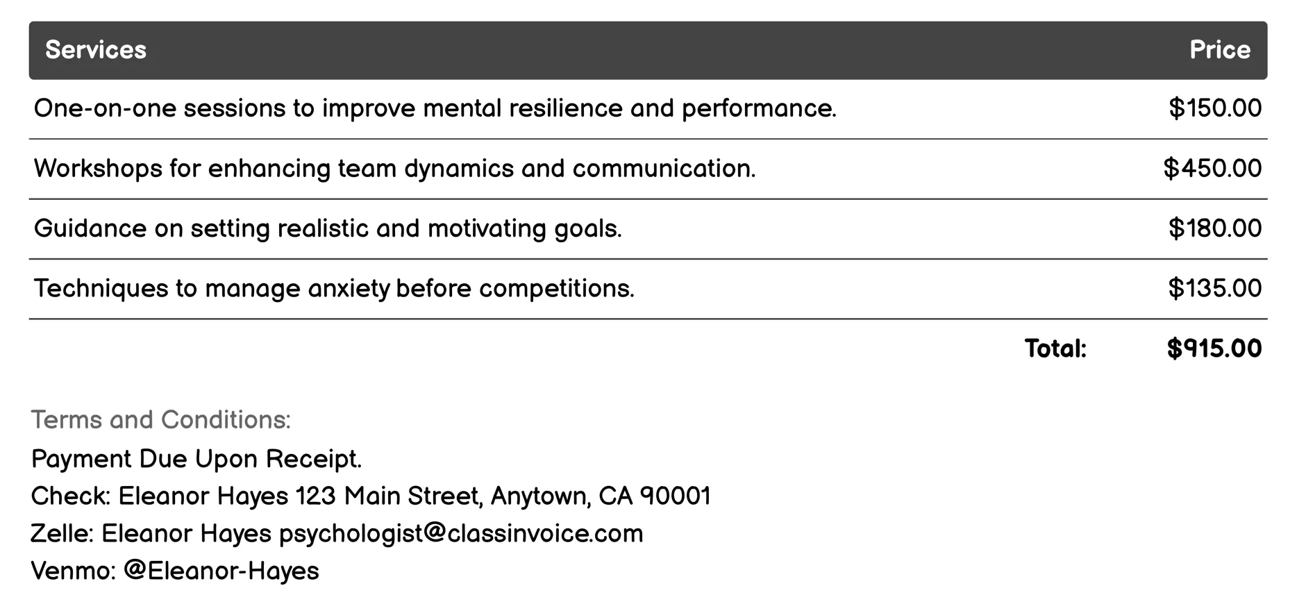 Sports Psychology Invoice Example