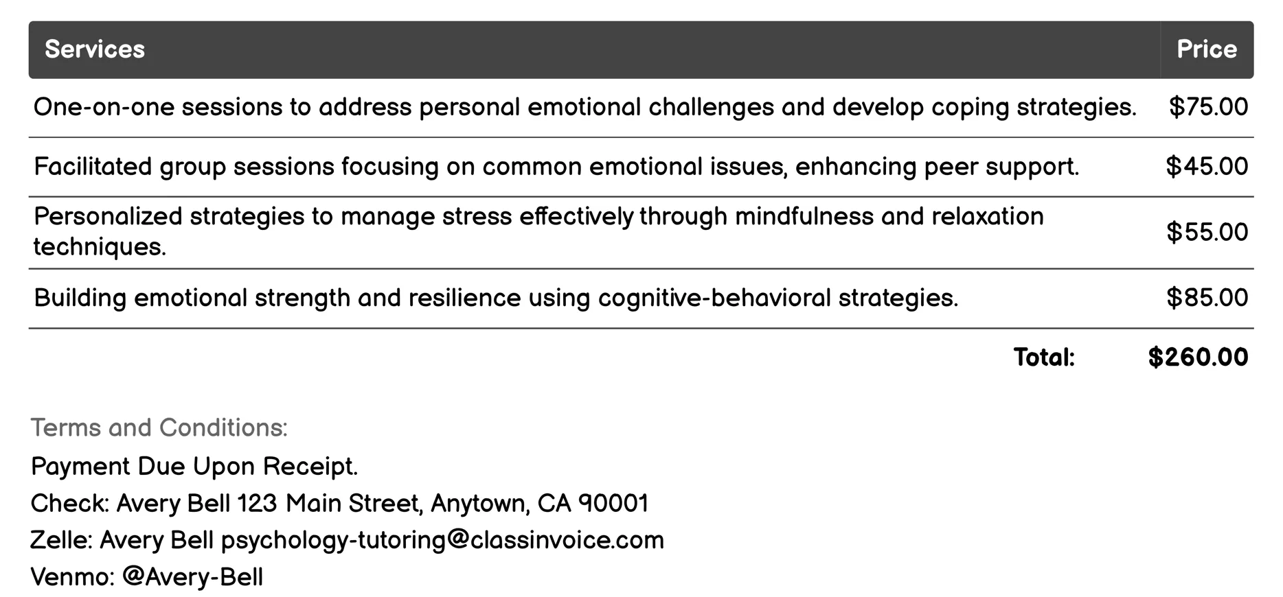 Emotional Support Invoice Example