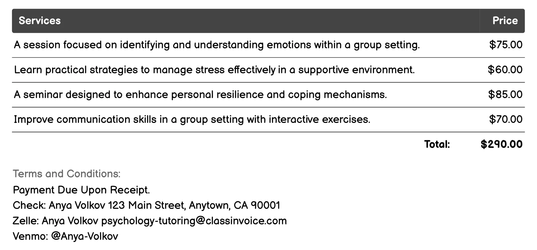 Group Therapy Support Invoice Example