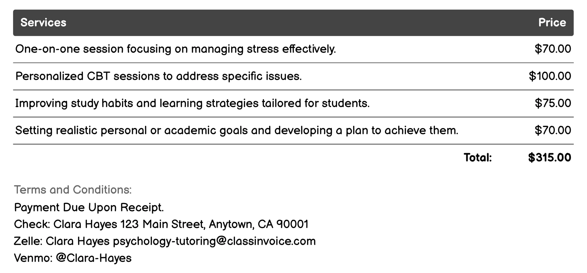One-on-One Counseling Invoice Example
