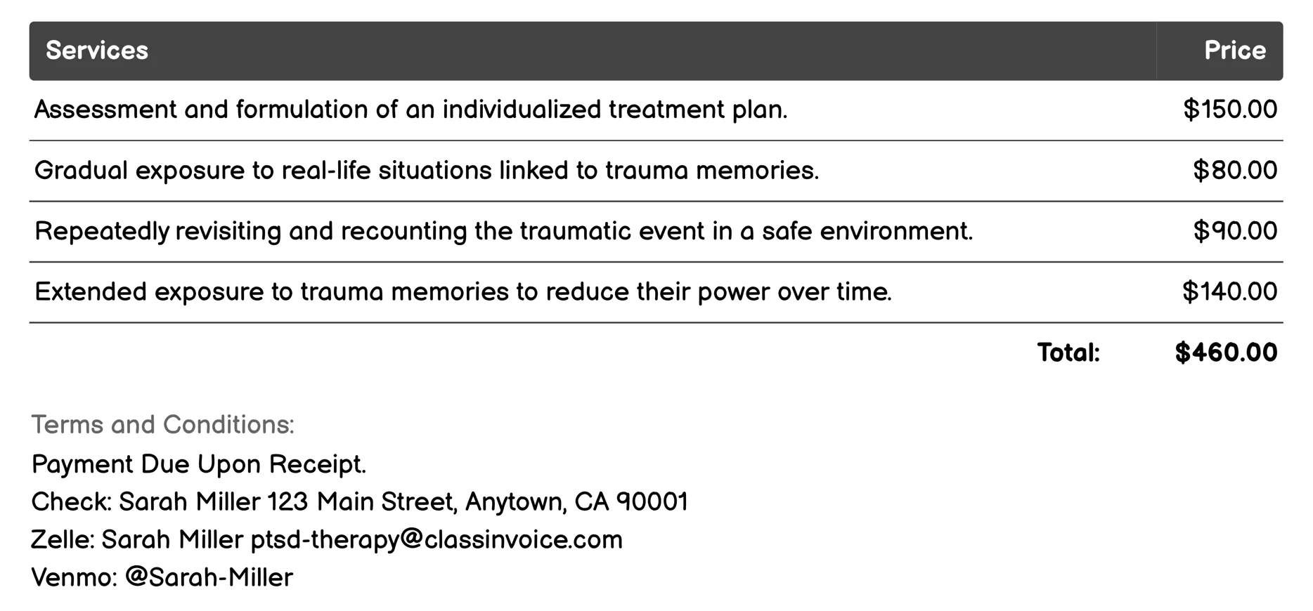 Exposure Therapy Invoice Example