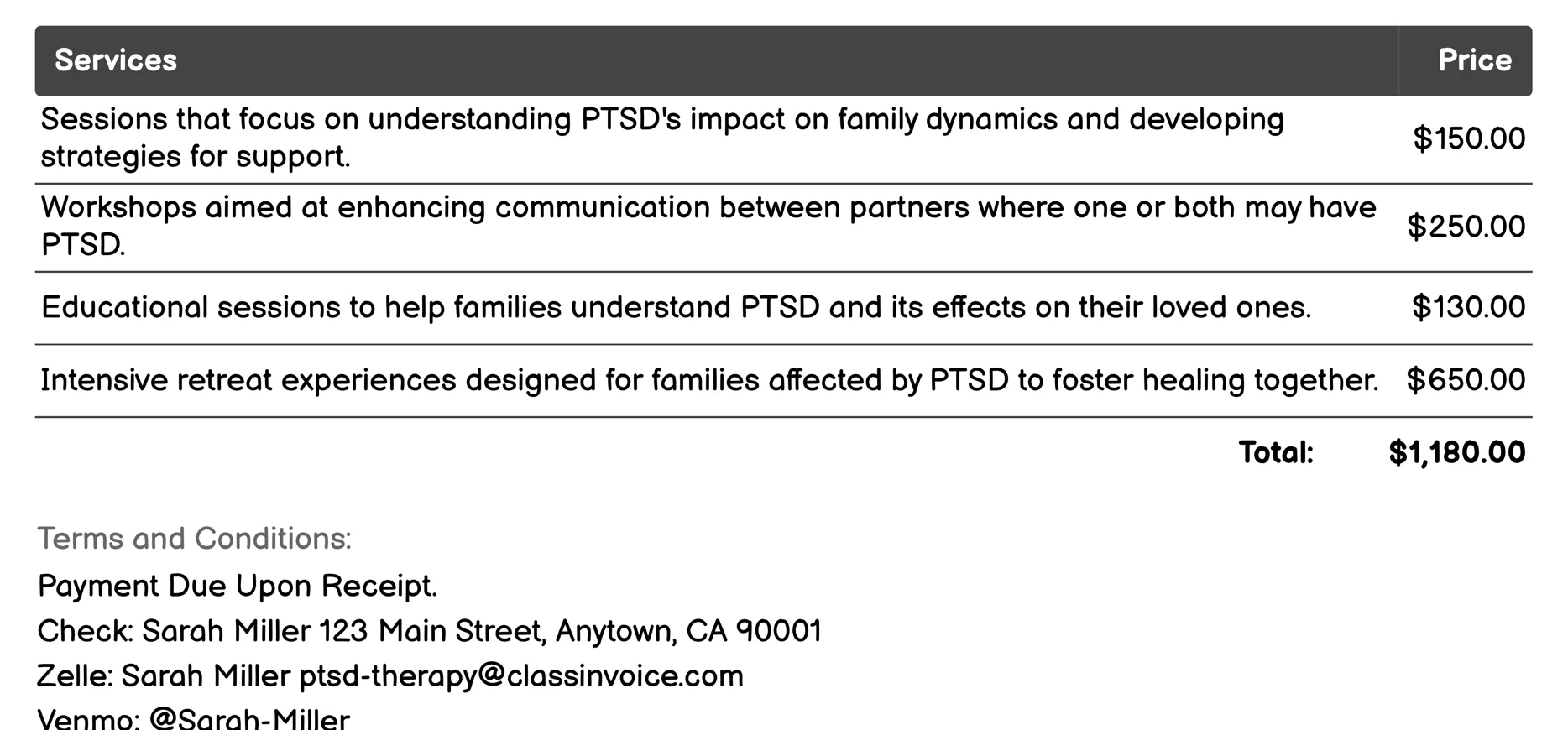 Family or Couples Therapy Invoice Example