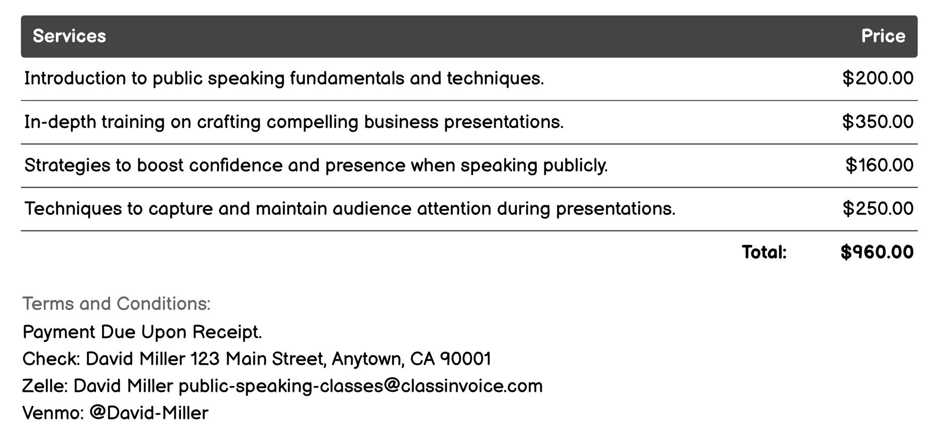 Business Presentation Skills Invoice Example