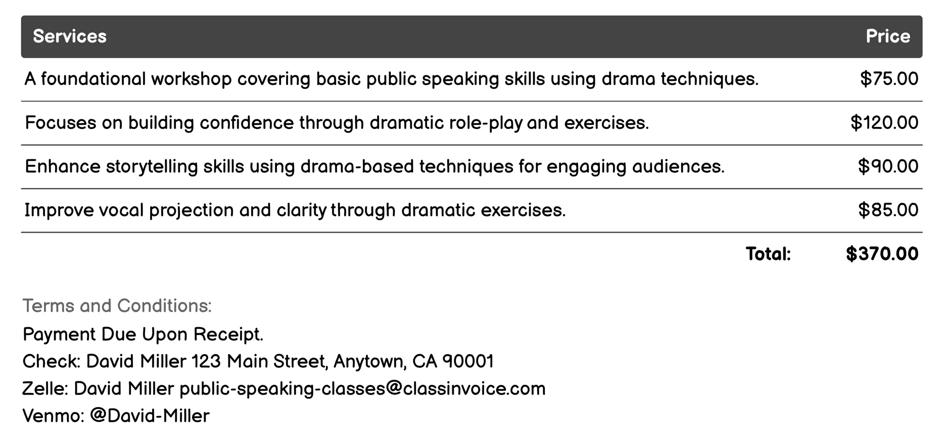 Drama-Based Public Speaking Workshops Invoice Example