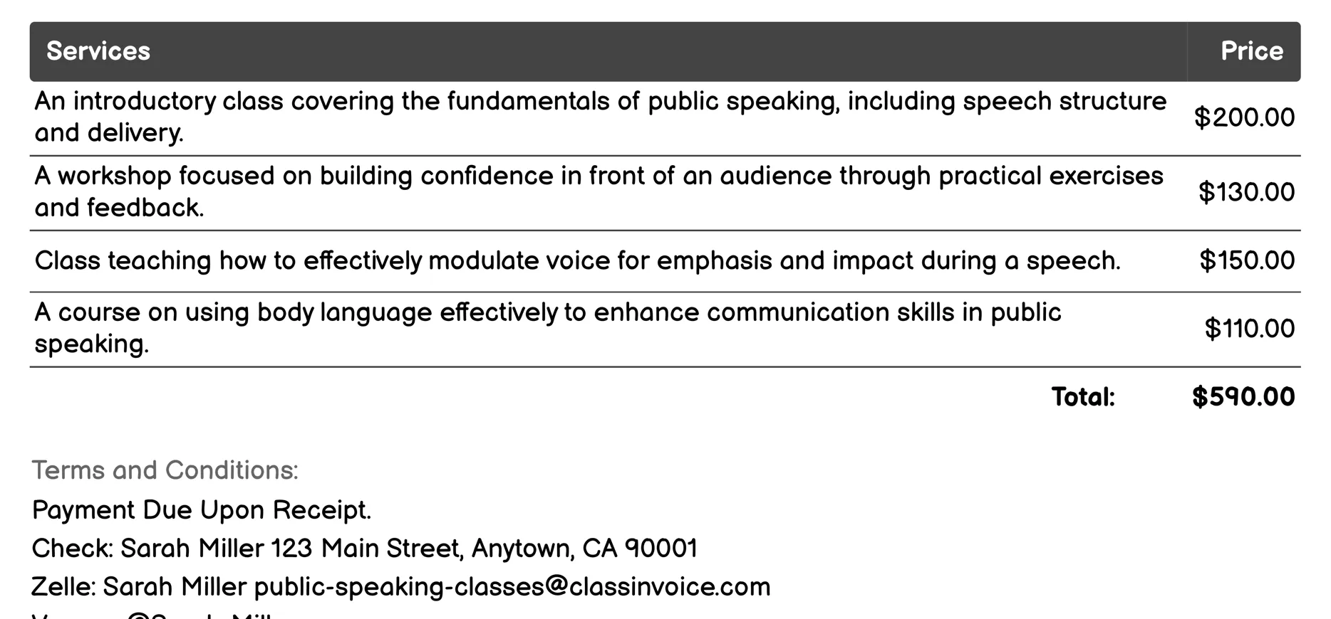 Introductory Public Speaking Invoice Example