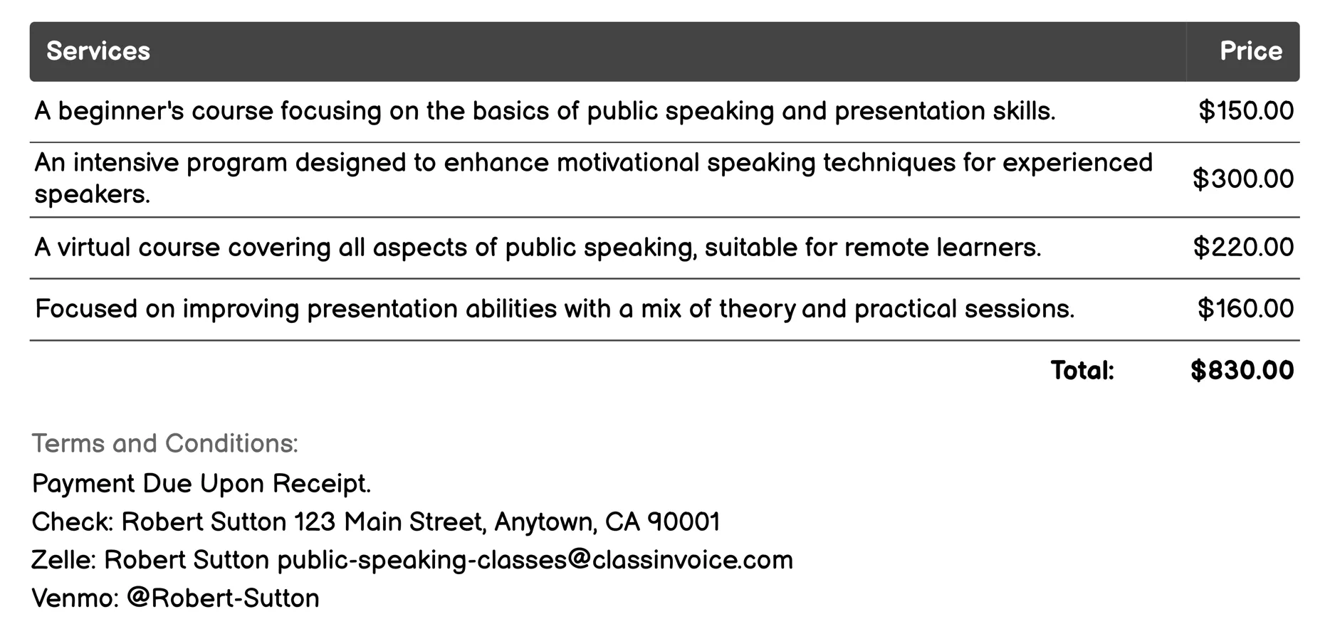 Motivational Speaking Classes Invoice Example