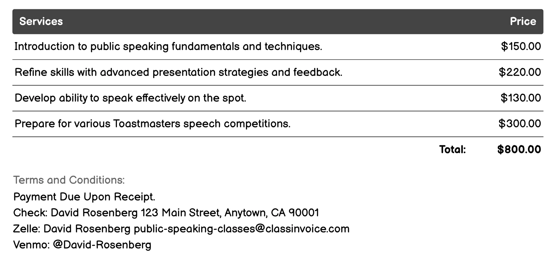Toastmasters Public Speaking Program Invoice Example