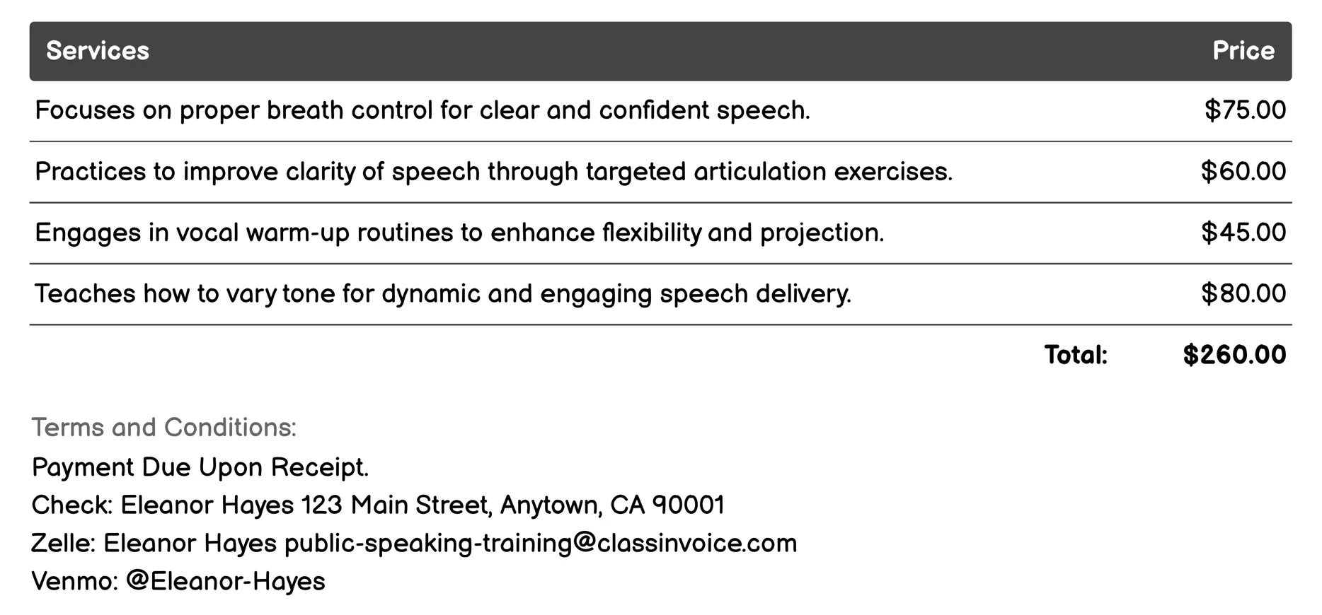 Voice and Diction Enhancement Invoice Example