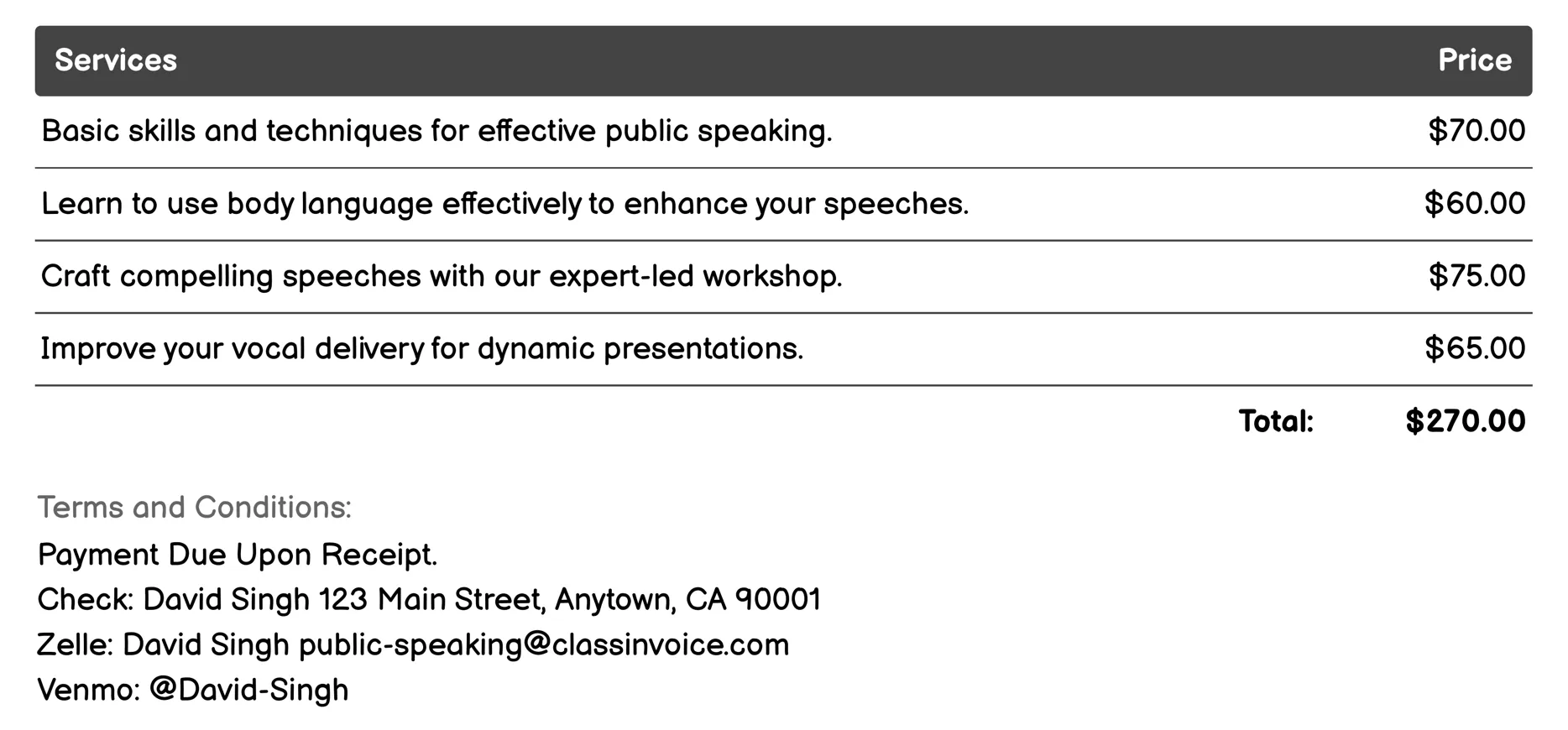 Public Speaking Courses Invoice Example