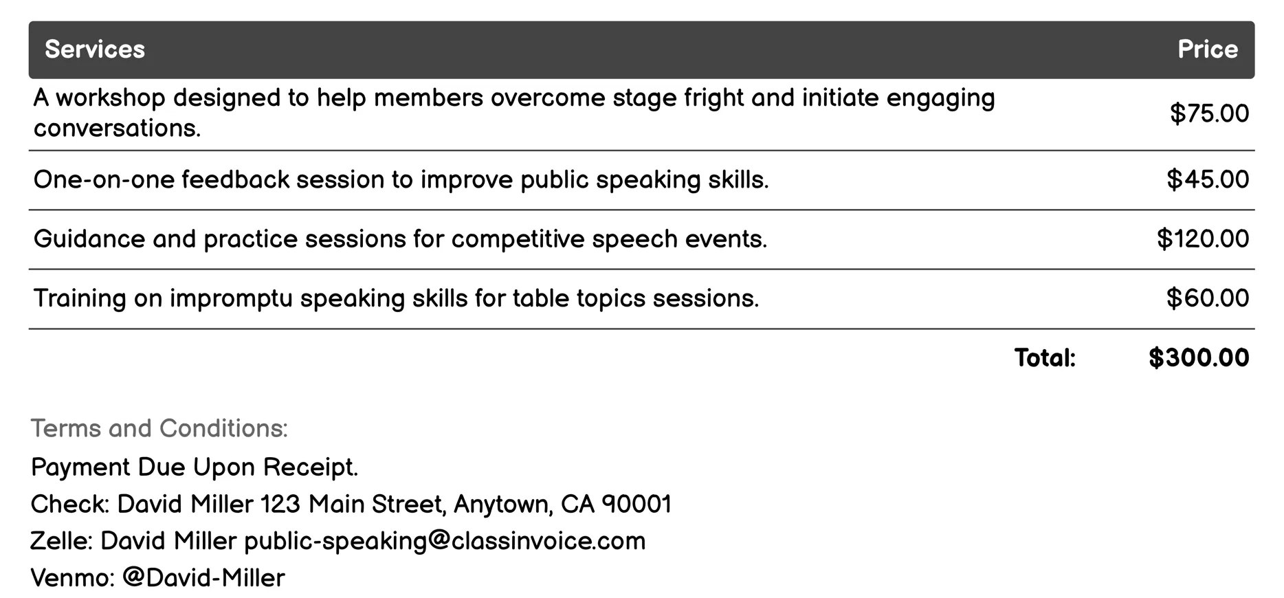 Toastmasters Programs Invoice Example