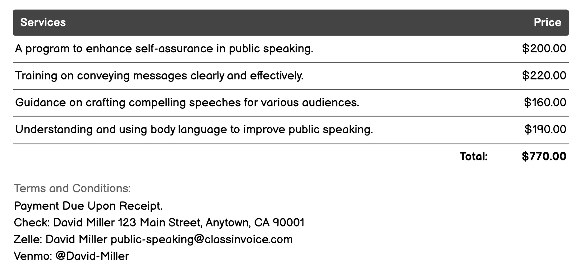 Training Programs Invoice Example