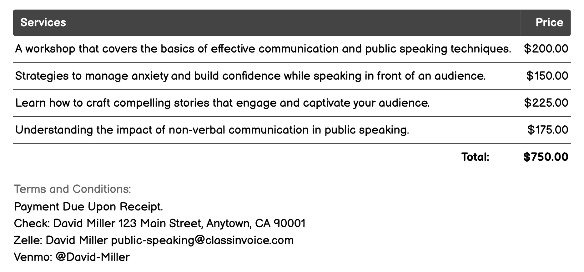 Workshops Invoice Example