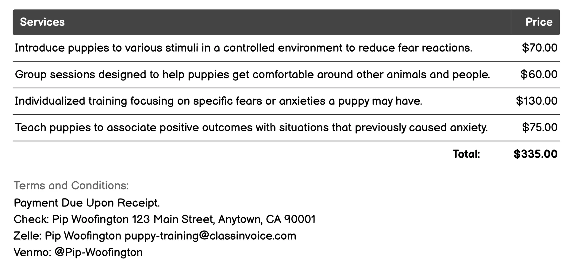 Fear and Anxiety Reduction Invoice Example