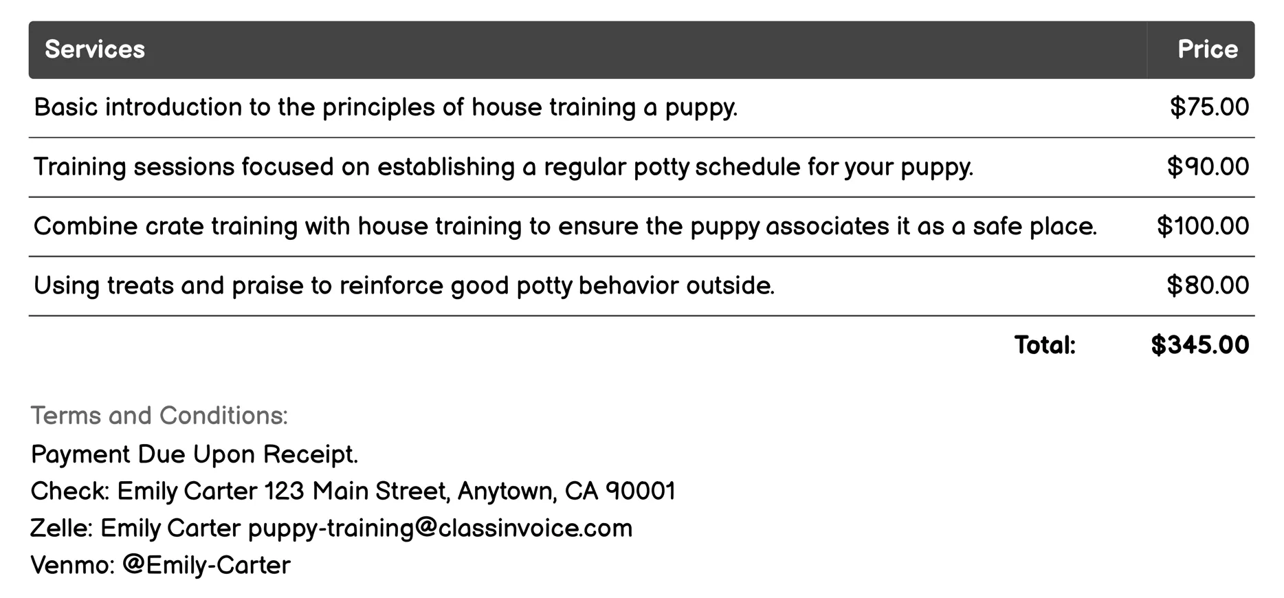 House Training Invoice Example