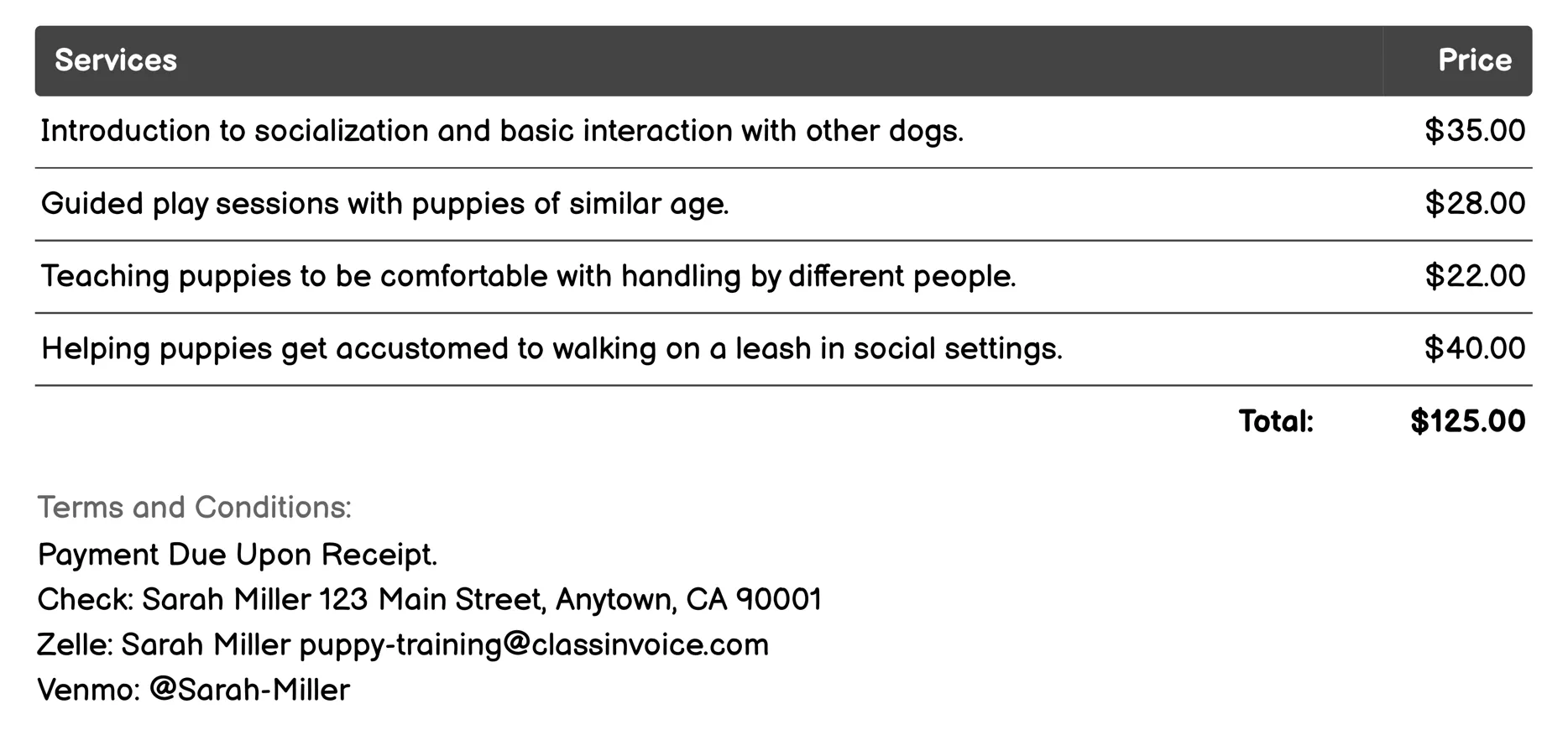 Socialization Classes Invoice Example