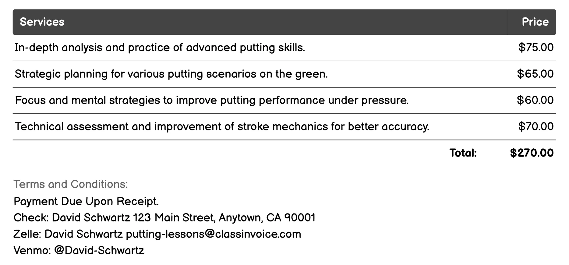 Advanced Lessons Invoice Example