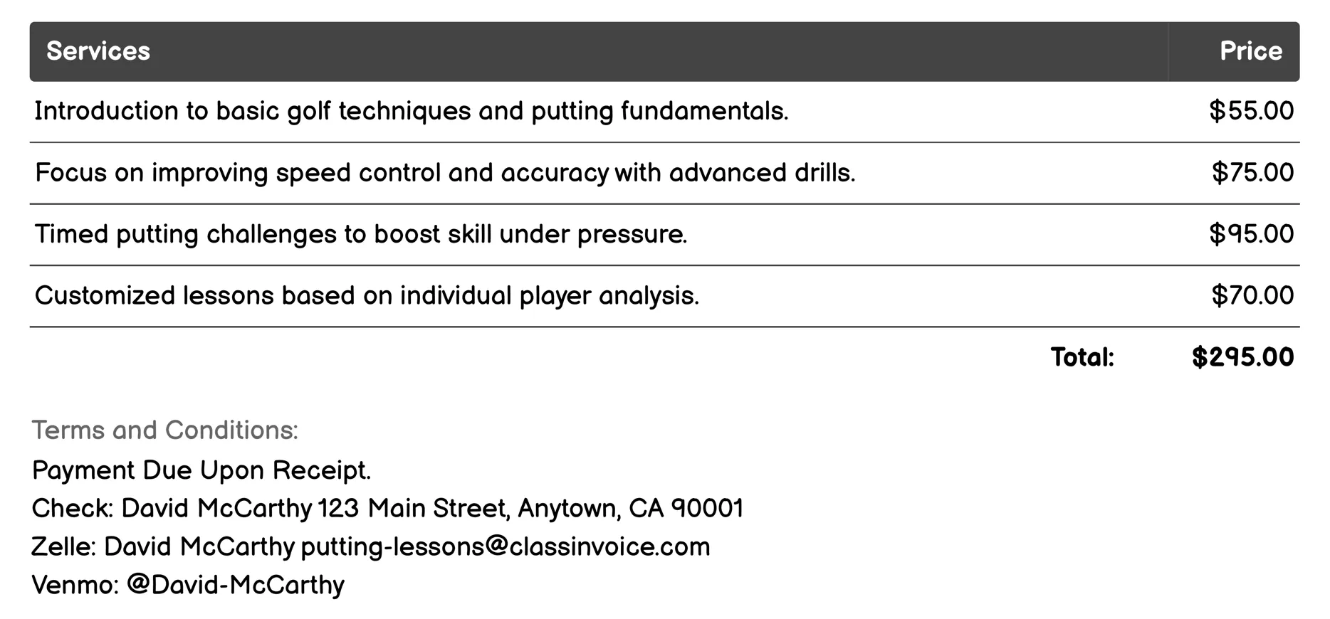Group Lessons Invoice Example