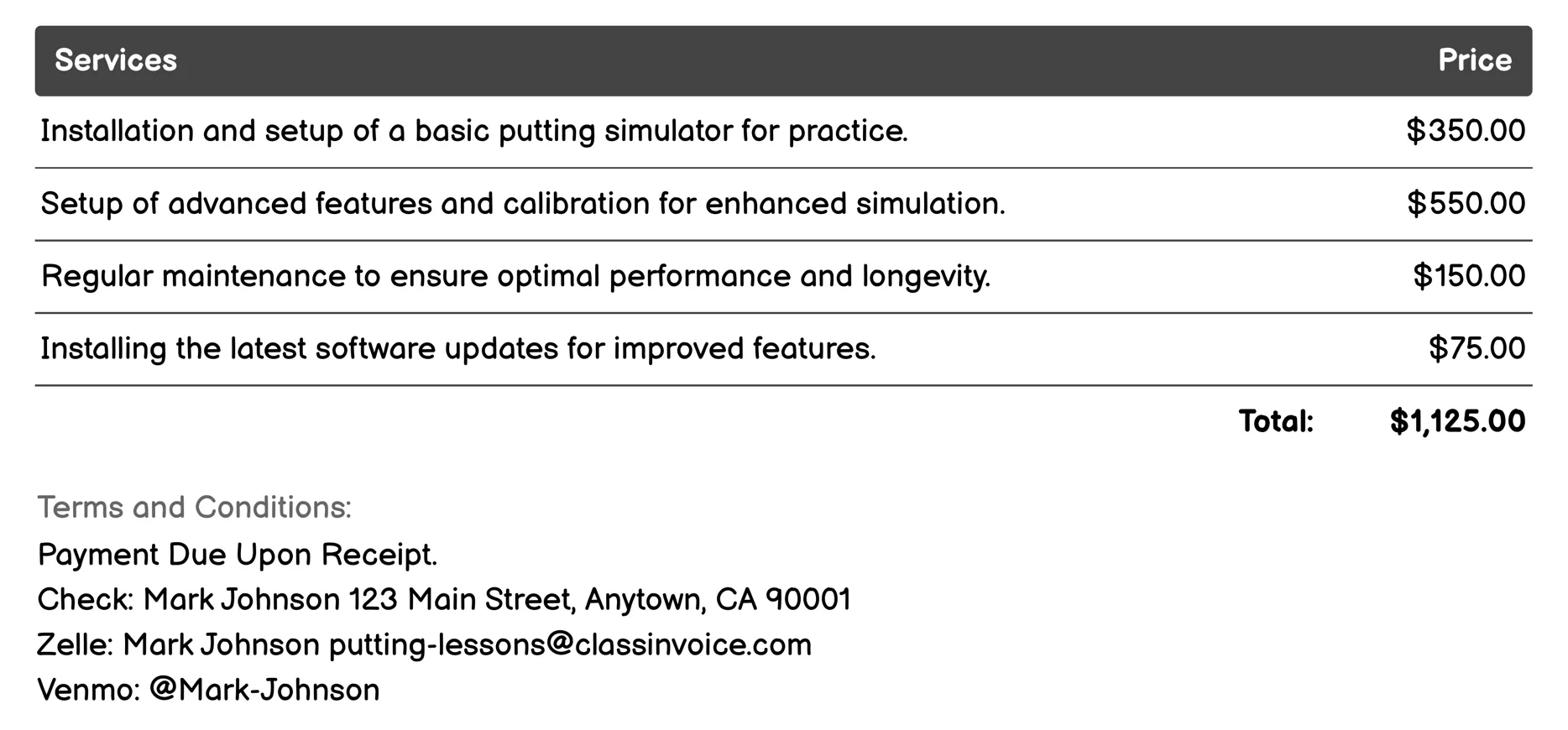 Putting Simulators Invoice Example