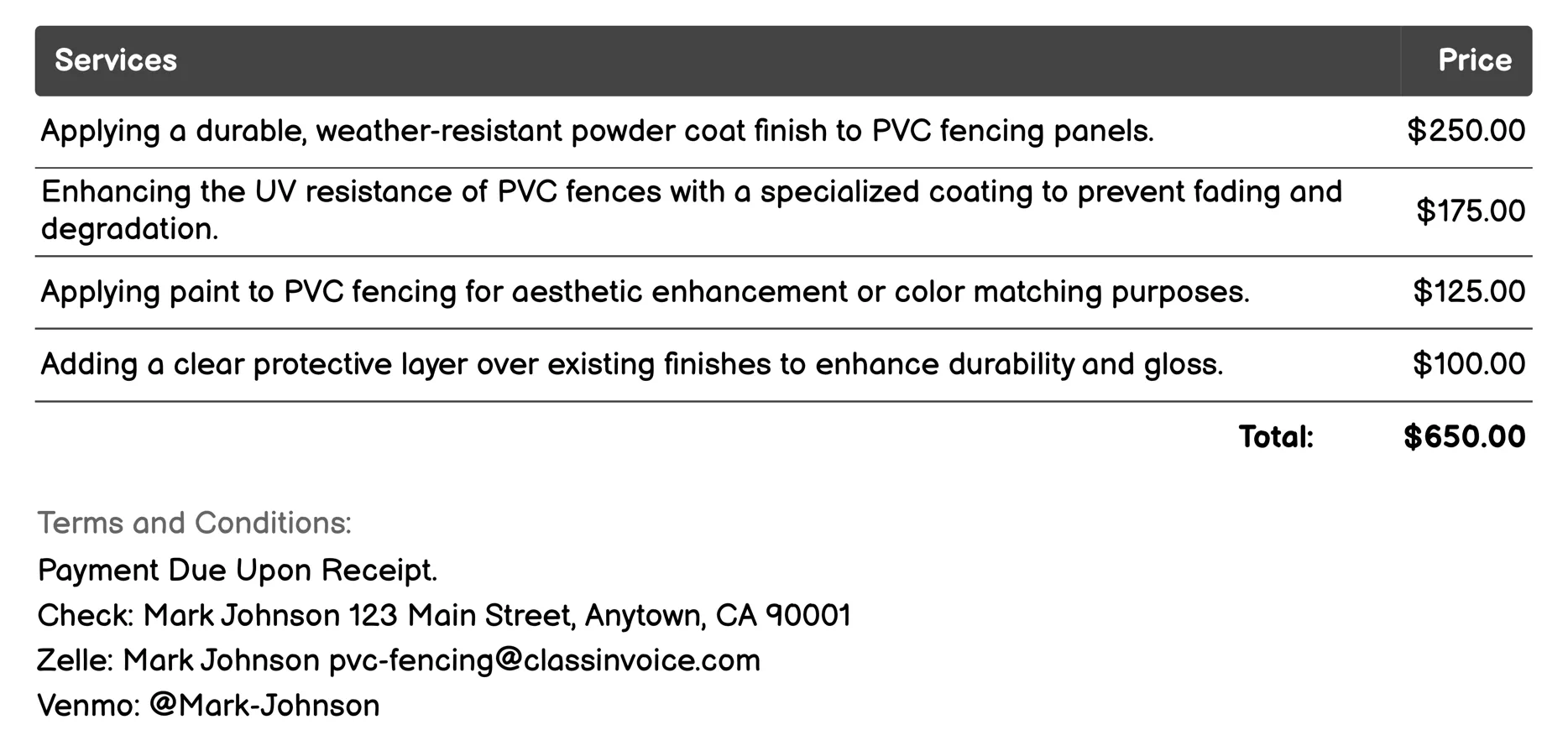 Coloring/Finishing Invoice Example