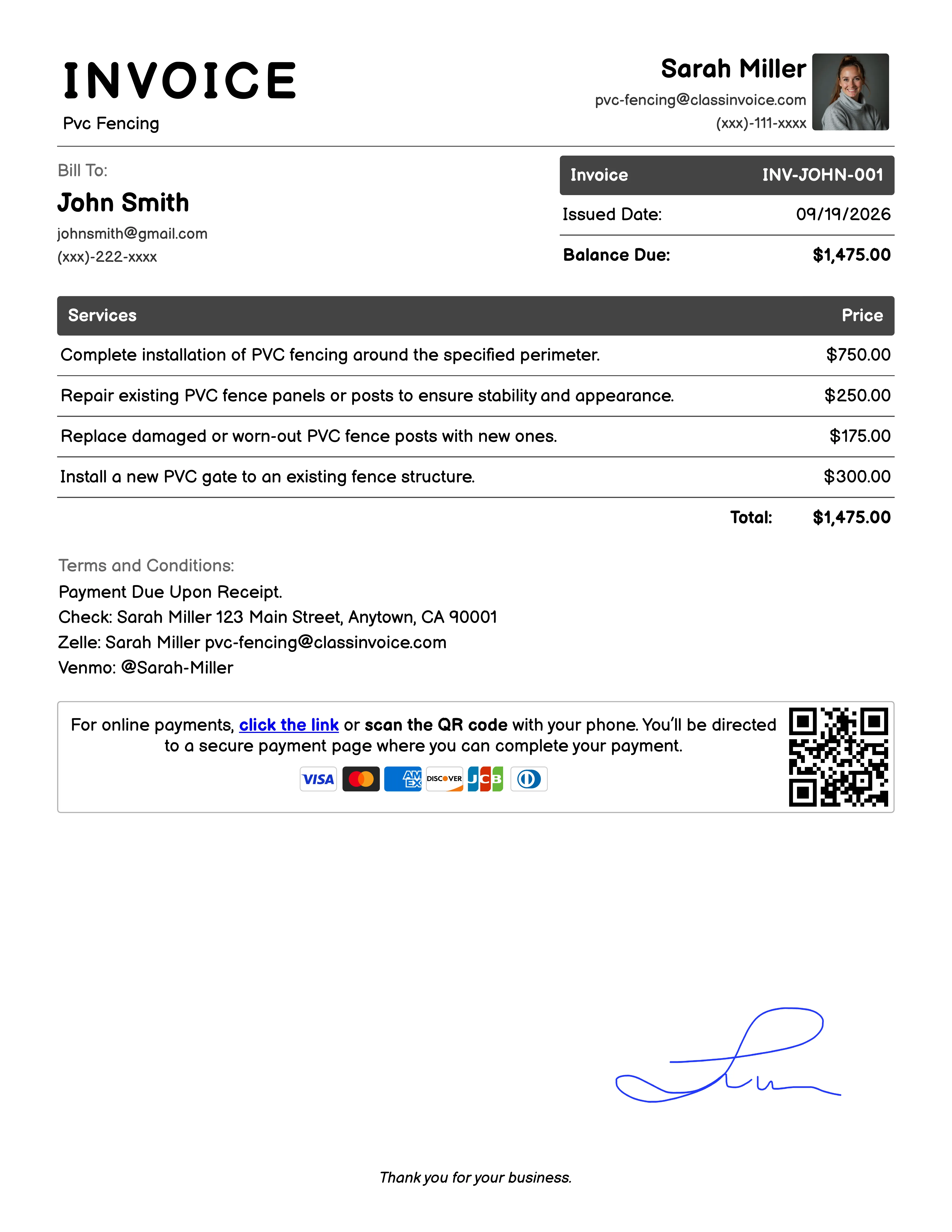 Pvc Fencing Invoice Example