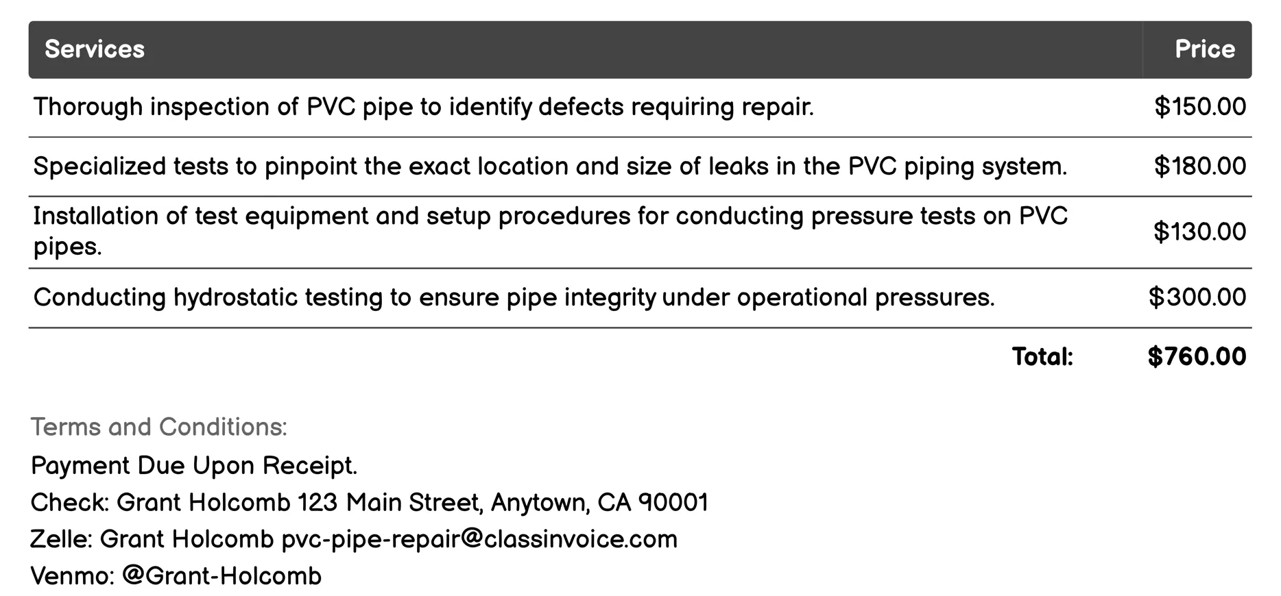 Pressure Testing Invoice Example