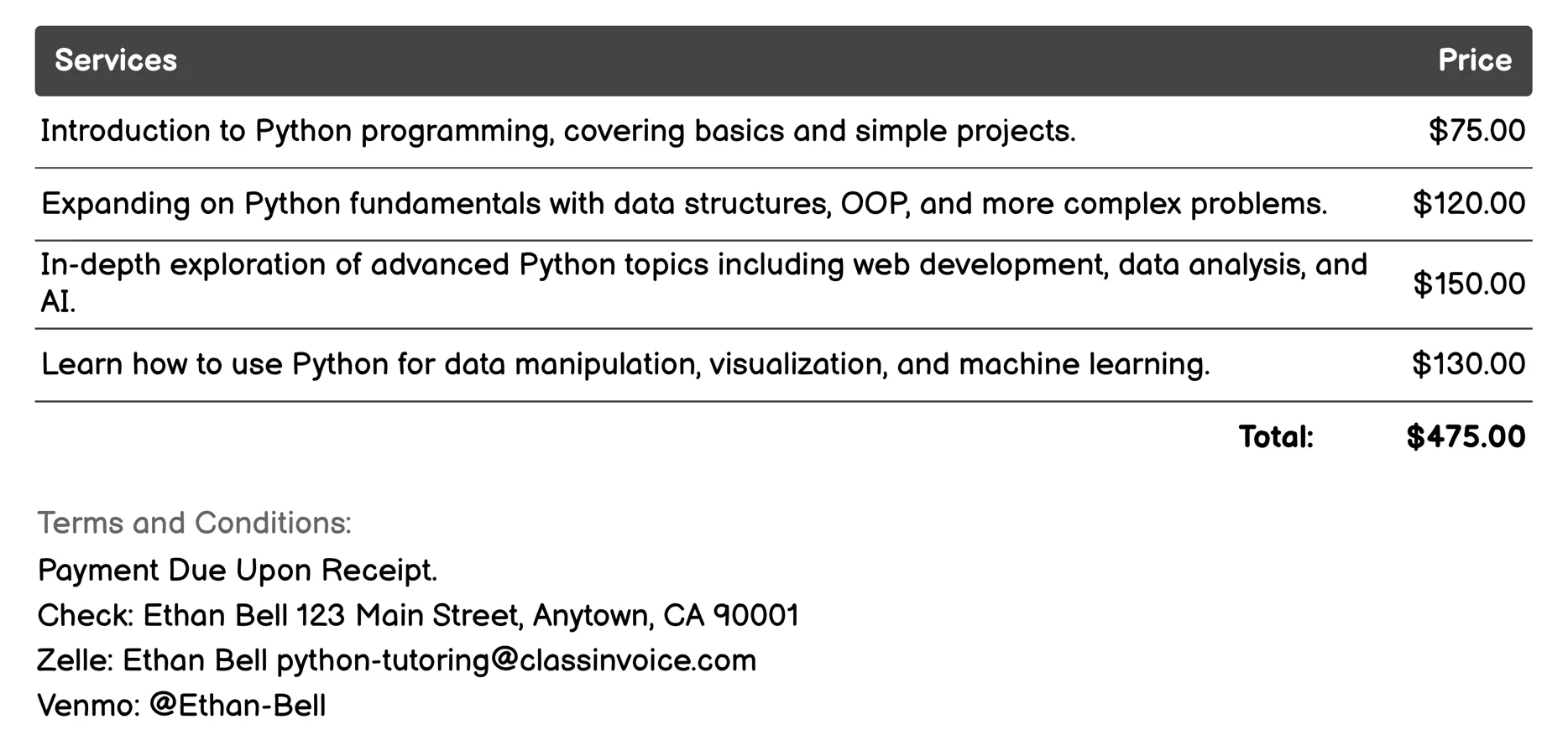 Online Courses Invoice Example