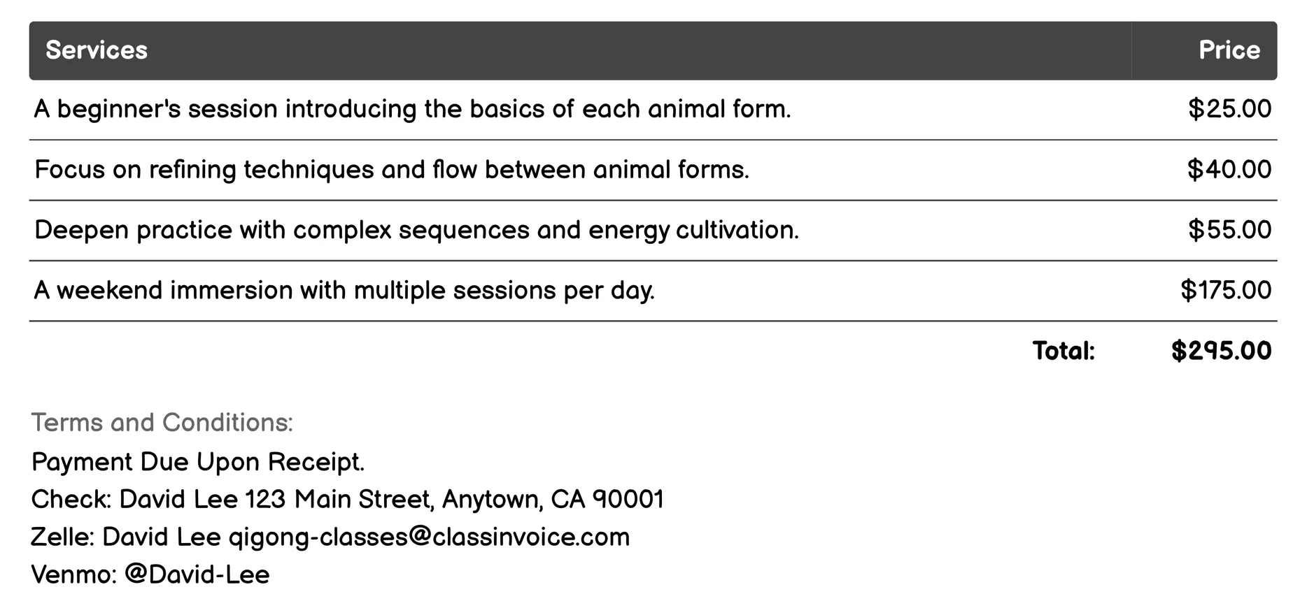 Five Animal Qigong Invoice Example