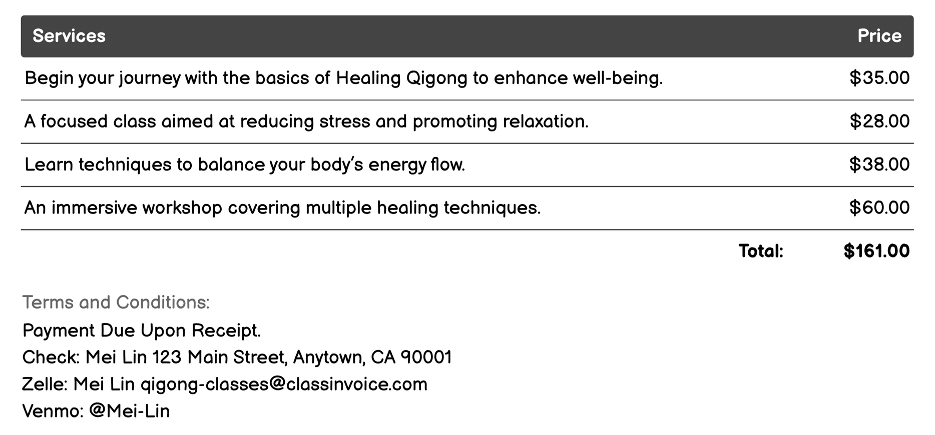 Healing Qigong Invoice Example