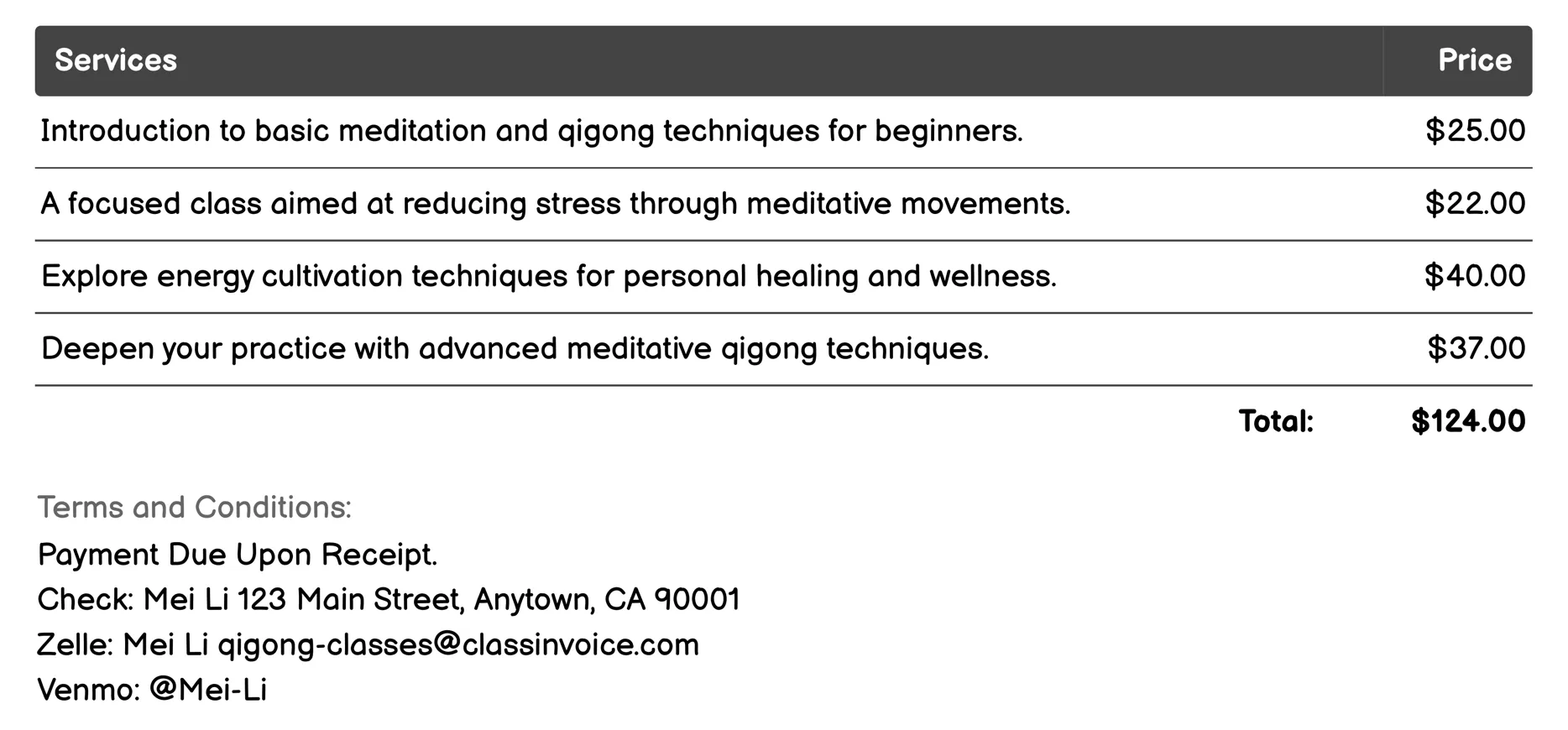 Meditative Qigong Invoice Example