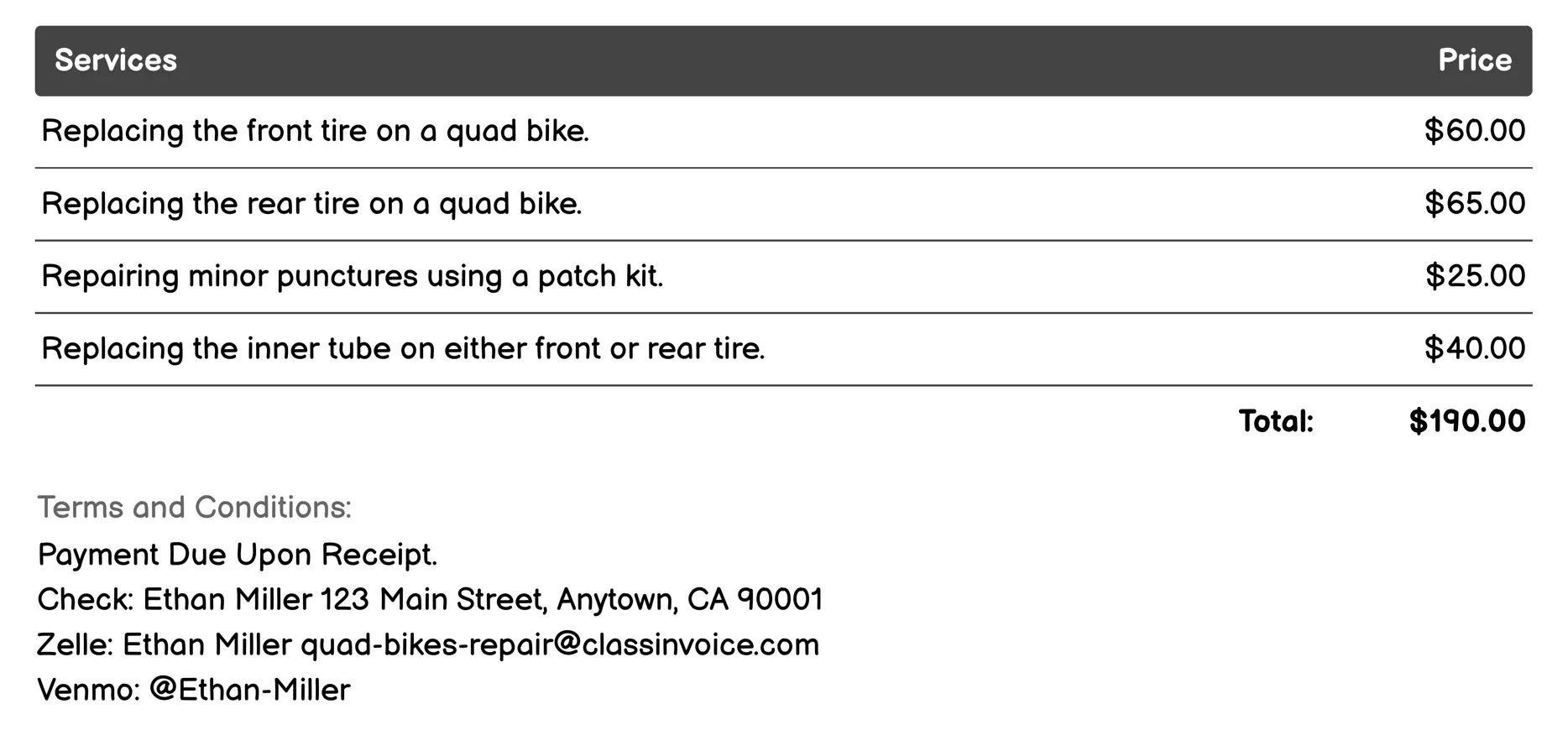 Tire Replacement and Repair Invoice Example