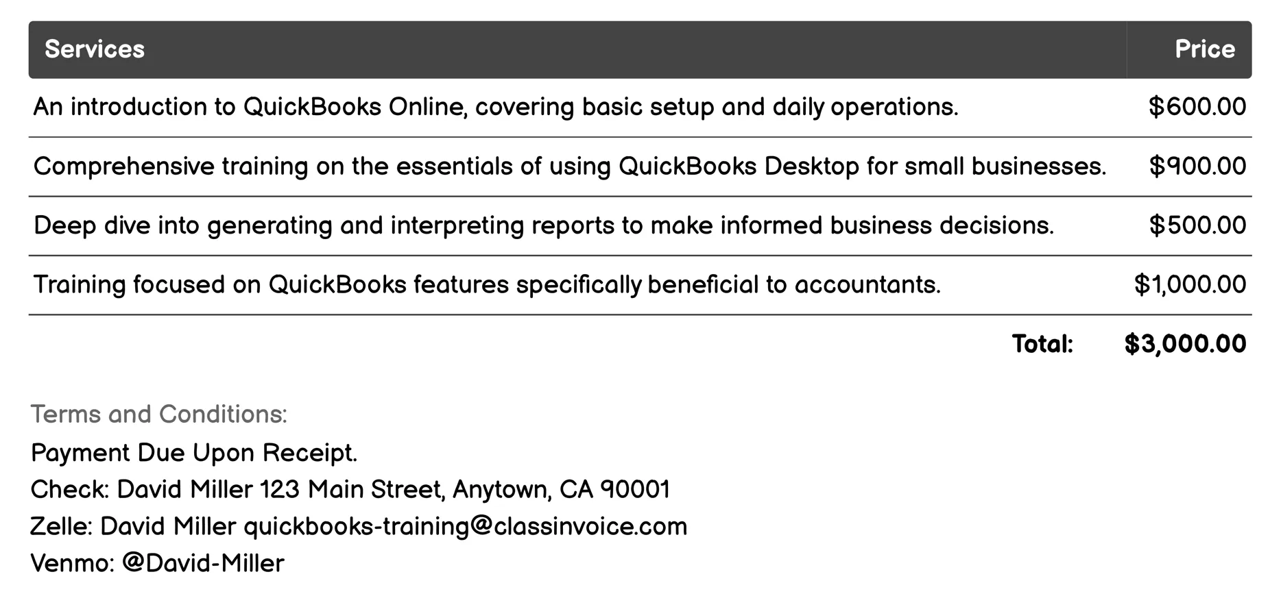 Customized Training Programs Invoice Example