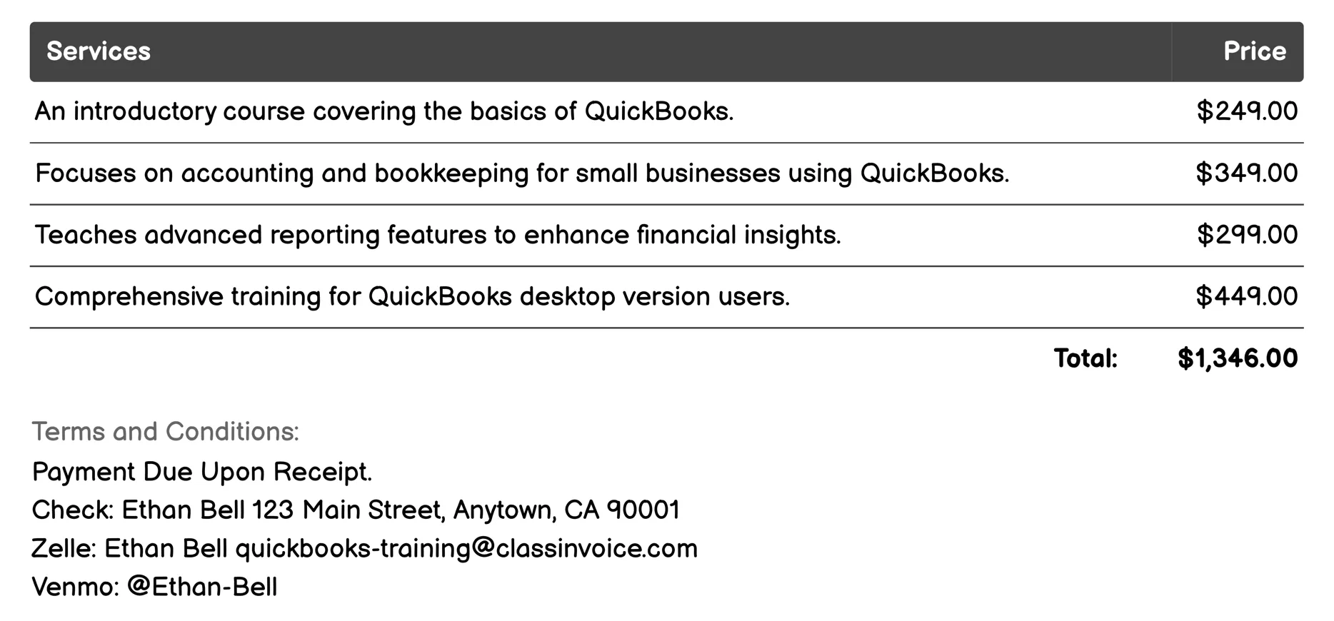 Online Courses Invoice Example