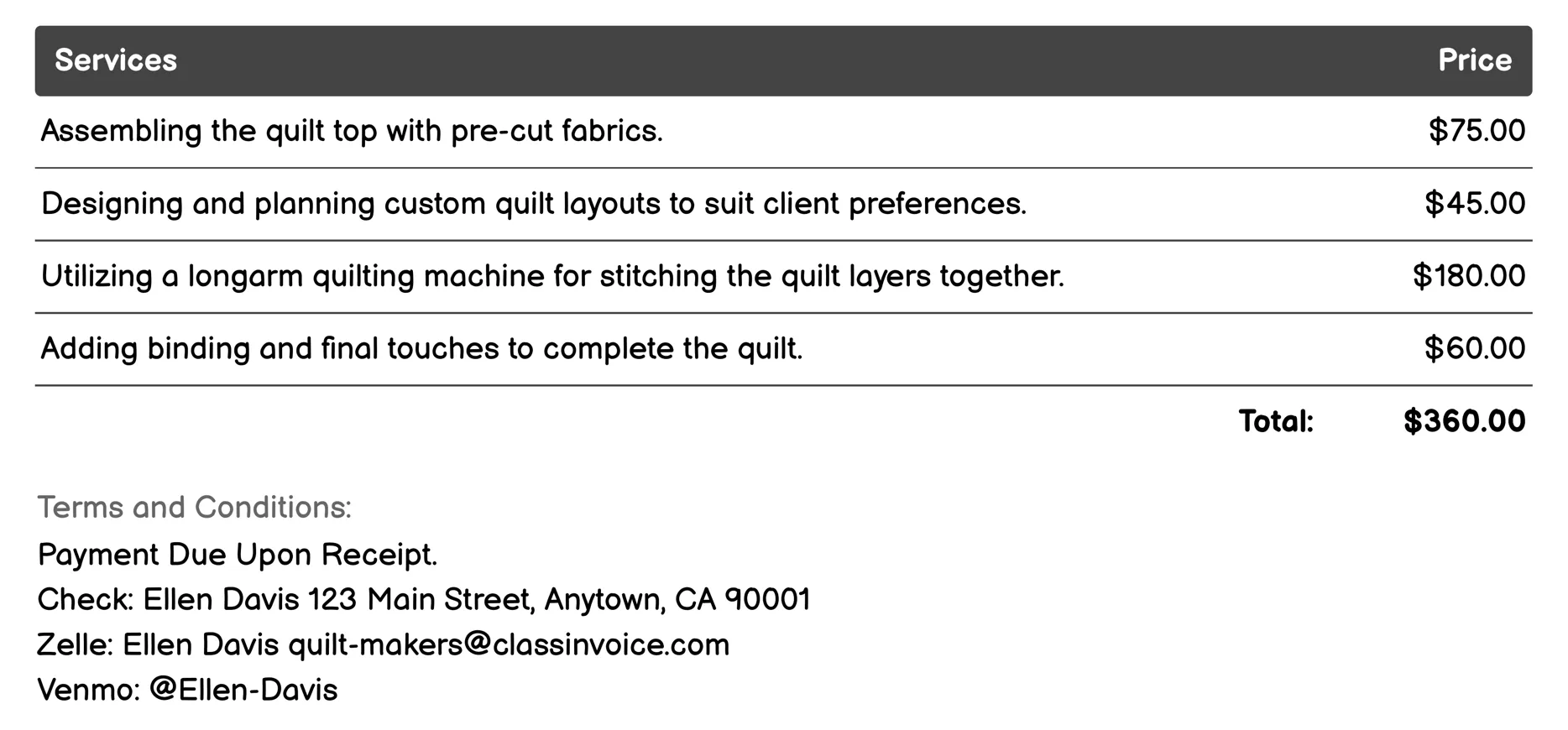 Machine Quilting Services Invoice Example