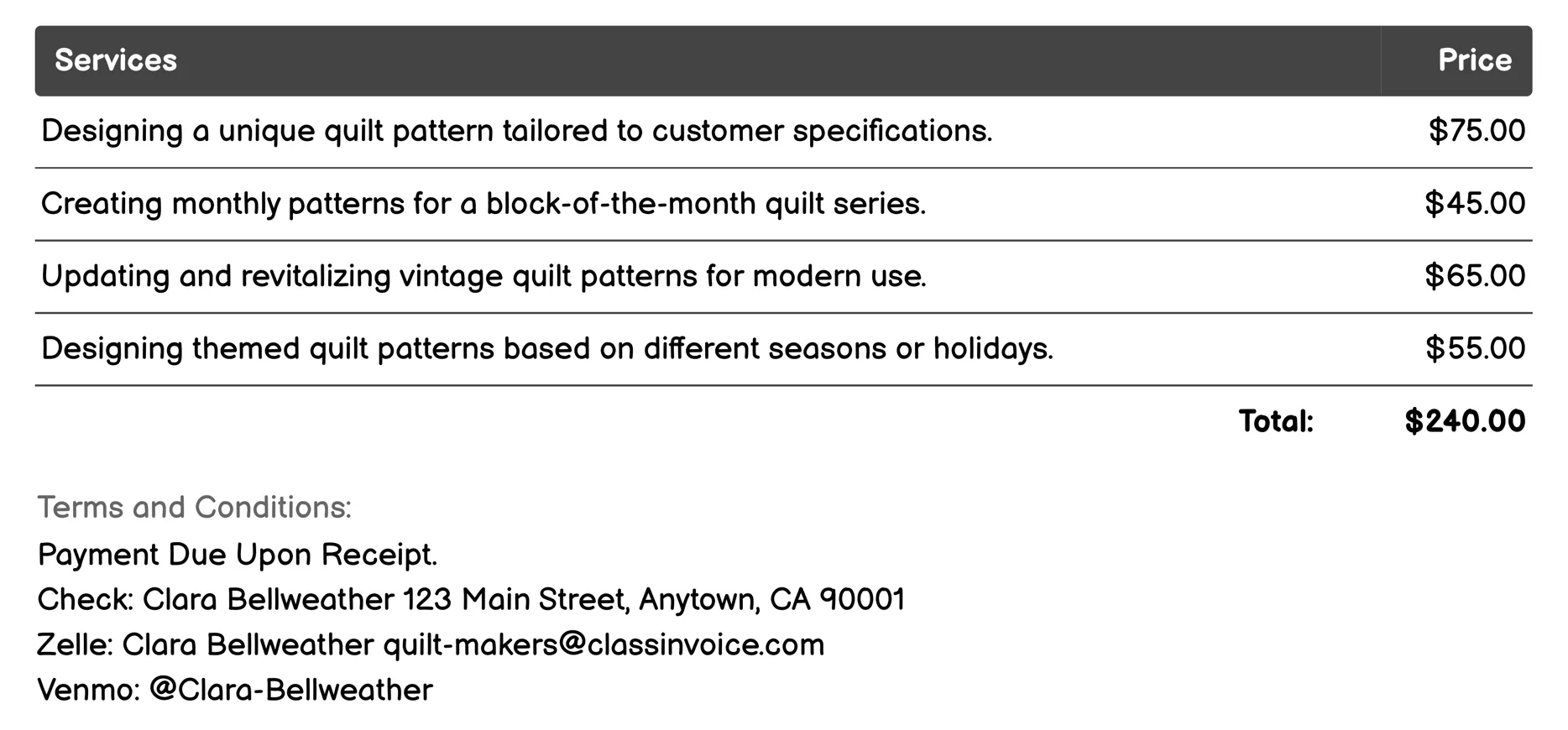 Quilt Pattern Design Invoice Example