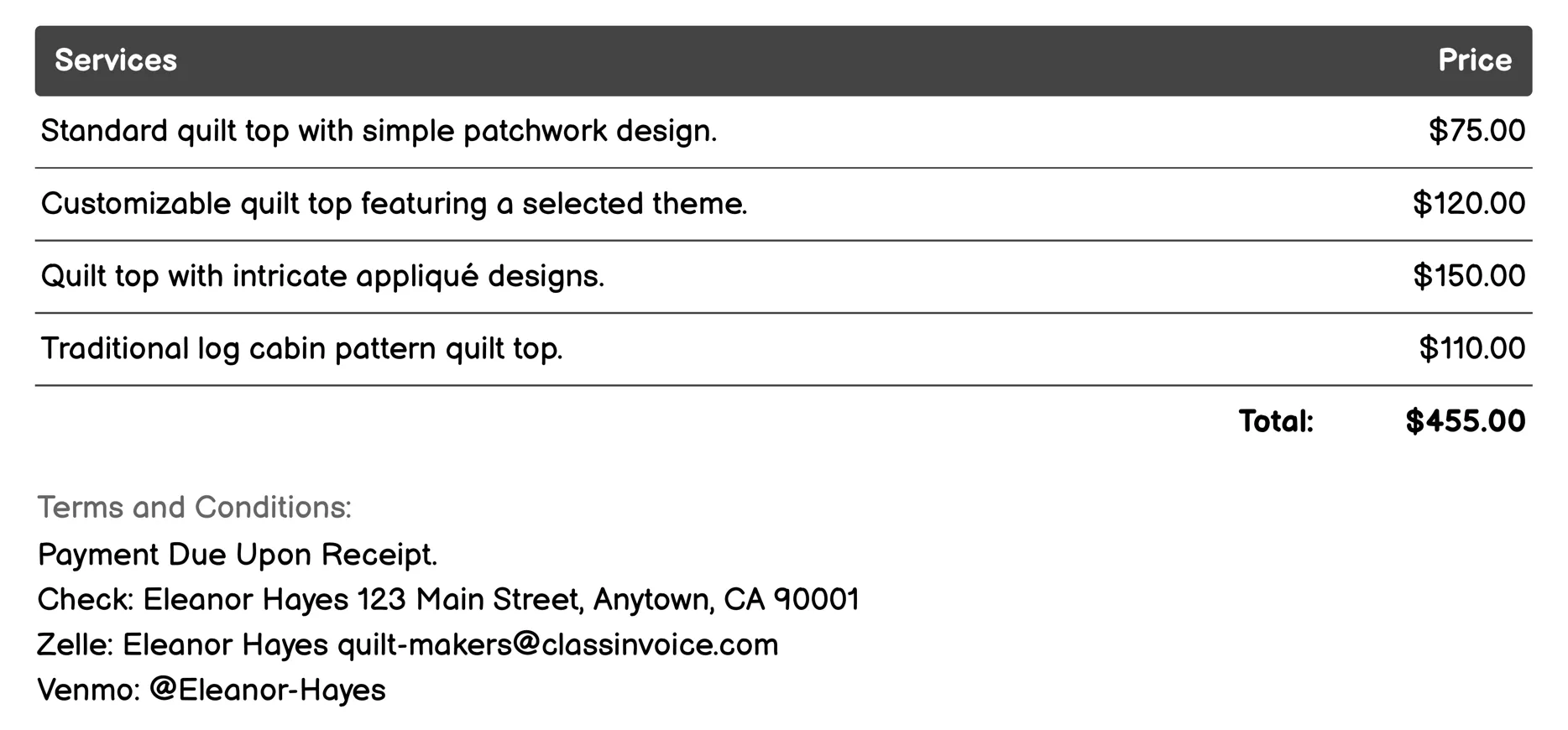 Quilt Top Making Invoice Example
