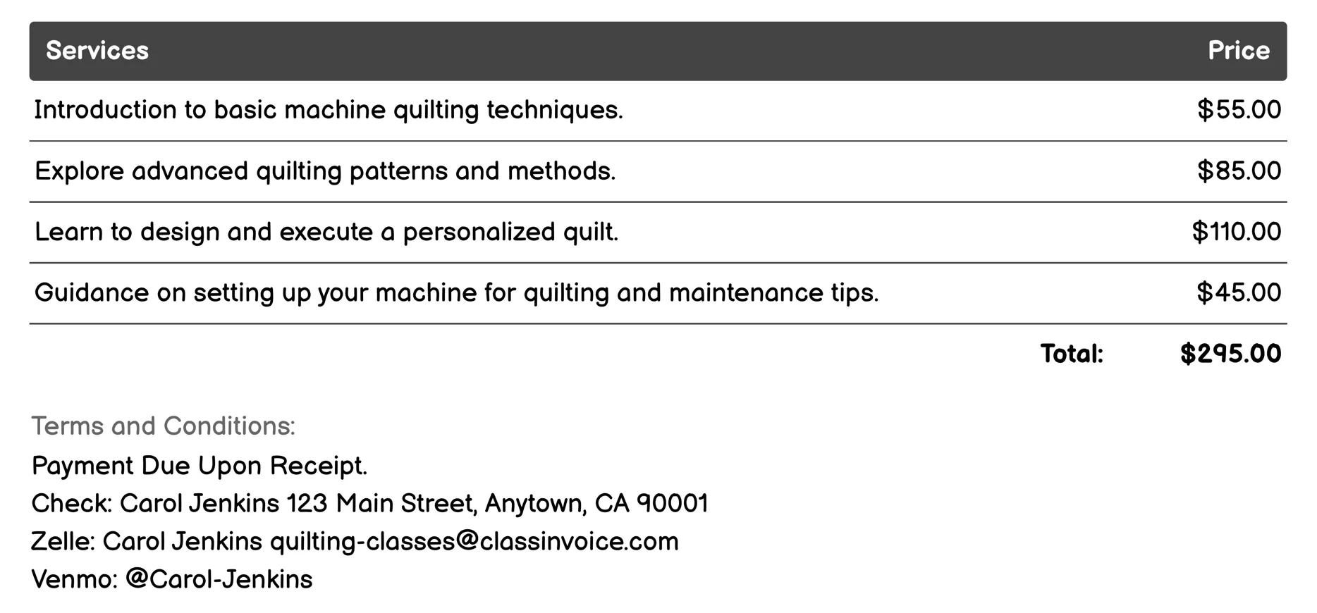 Machine Quilting Invoice Example